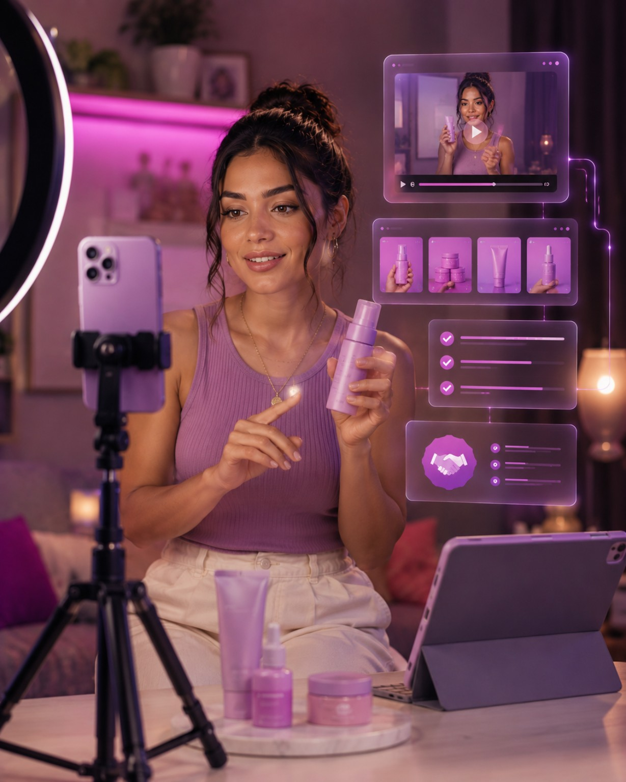 UGC creator preparando conteúdo de produto para marca